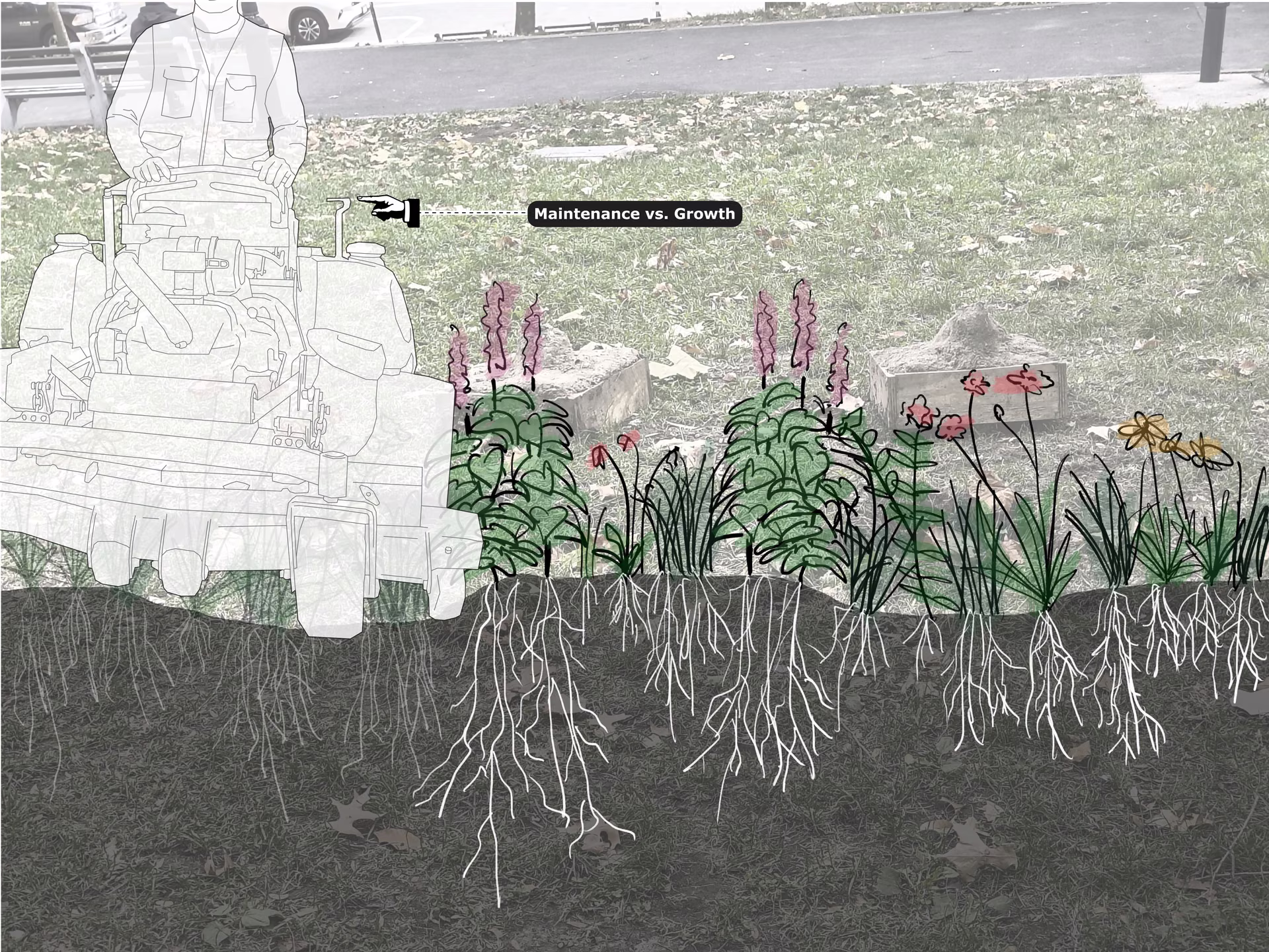 Maintenance versus growth: mower and rooting perennials